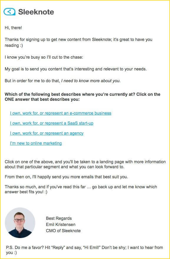 sleeknote welcome email