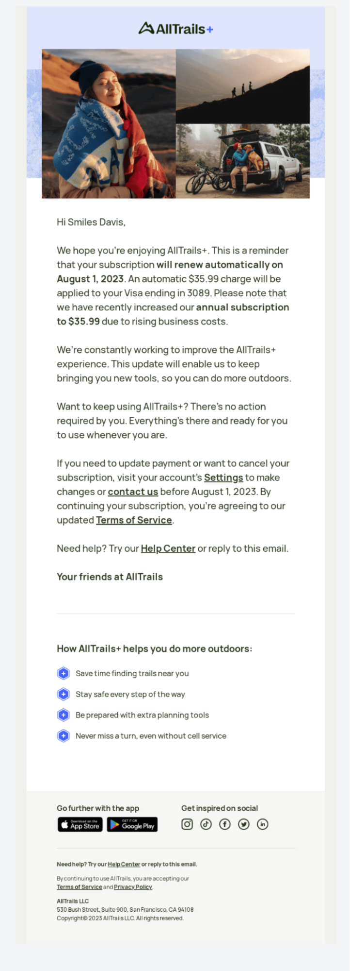 AllTrails- personalized renewal email