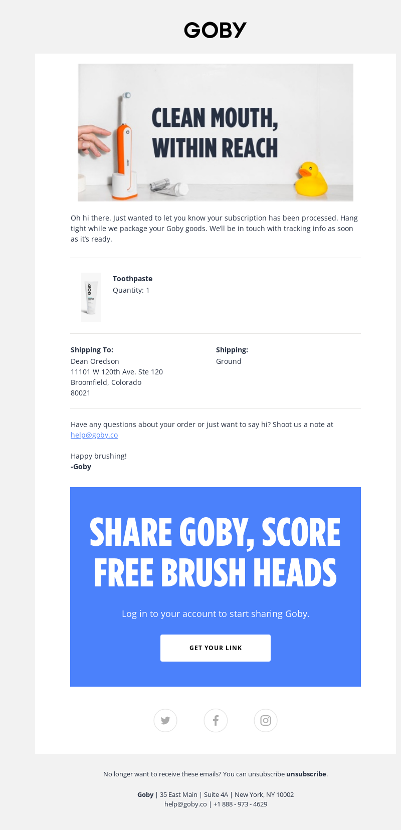 Example of an order confirmation email