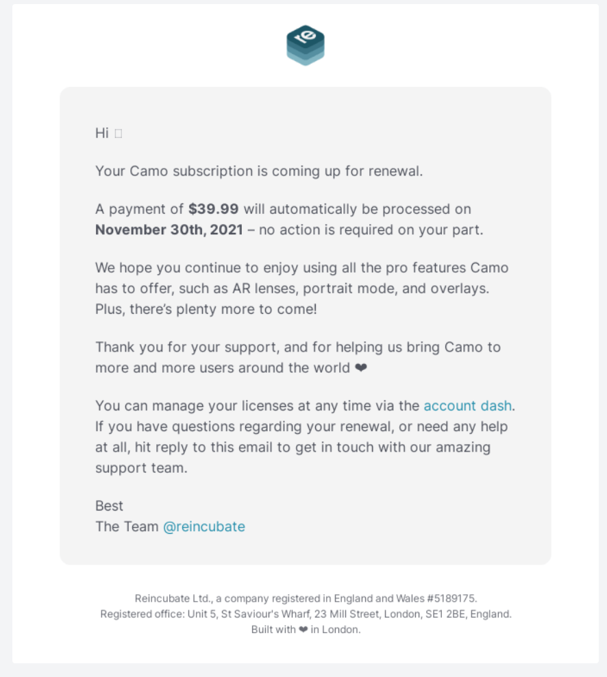 renewal email from Reincubate